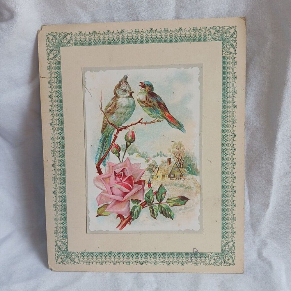 Victorian Antique Embossed Holiday Greeting Card Birds Rose